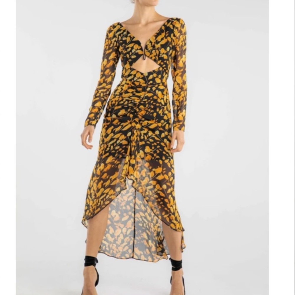 Sau Lee Michella Leaf Print Midi Dress Plunge Black Marigold Spring Boho Size 2